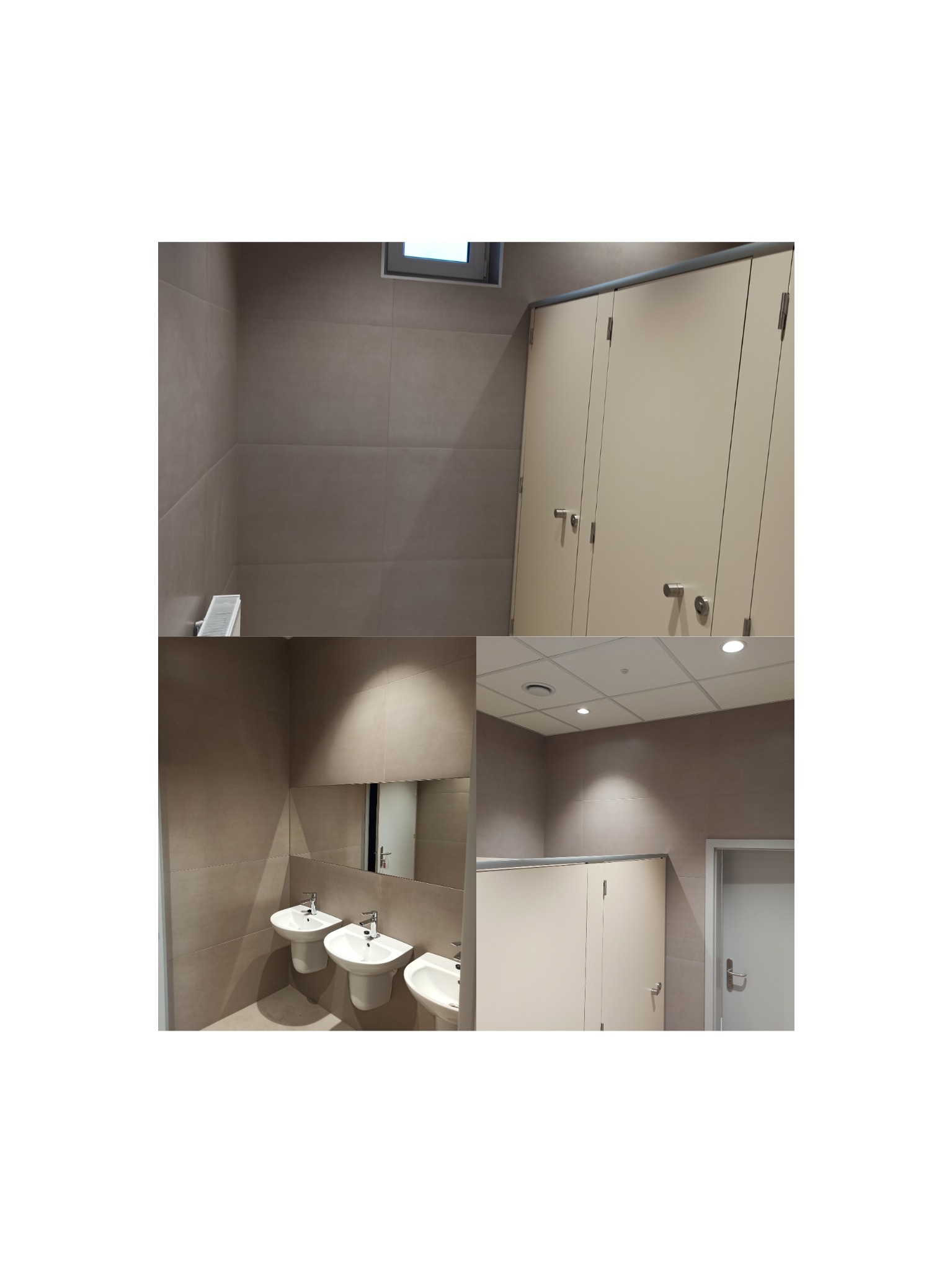 Wyremontowana łazienka w szkole: beżowe płytki gresowe na ścianach i podłodze, kabiny WC z jasnymi drzwiami, podwieszany sufit Thermatex i umywalki.