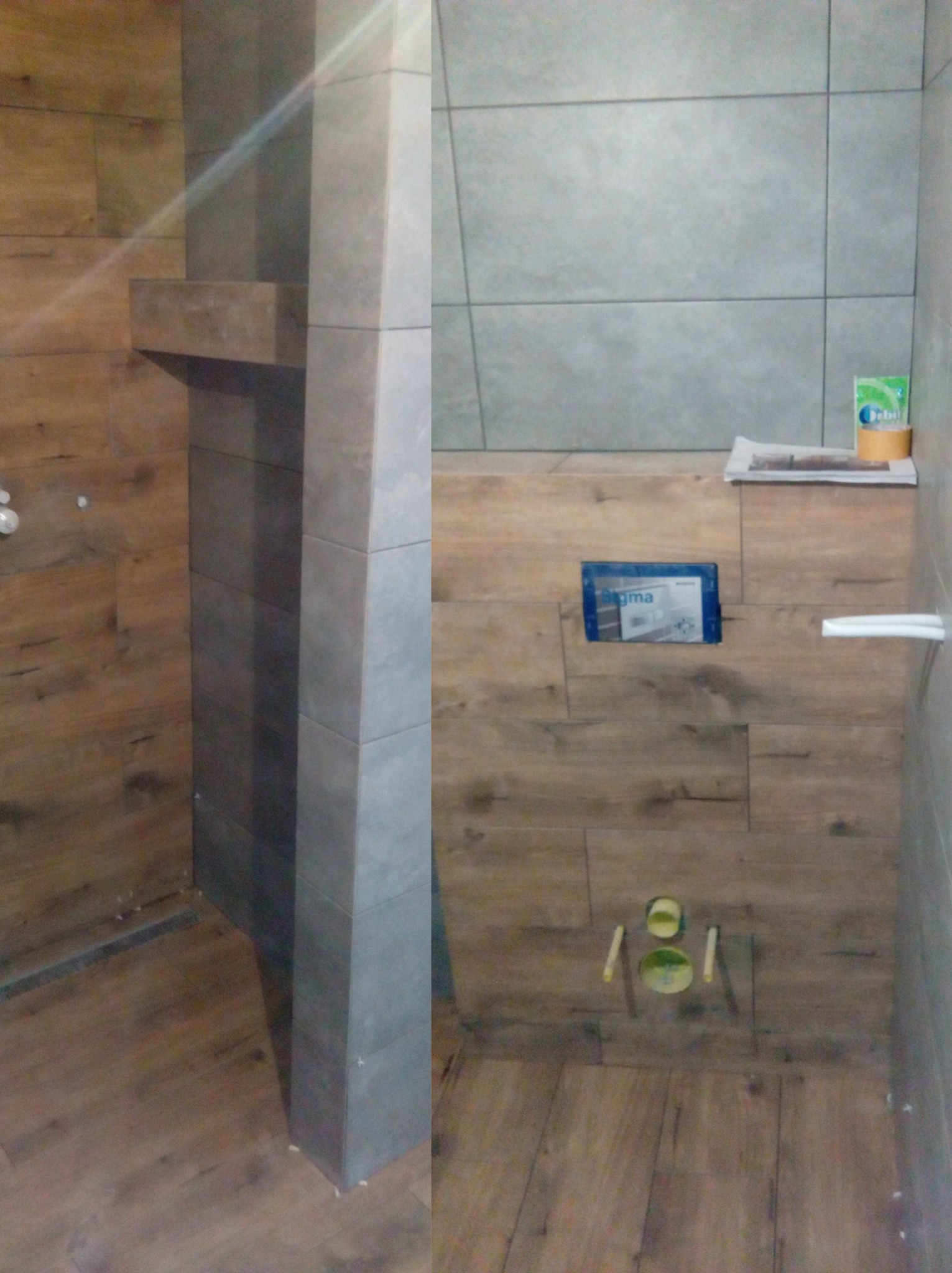 Łazienka w szarości i drewnie