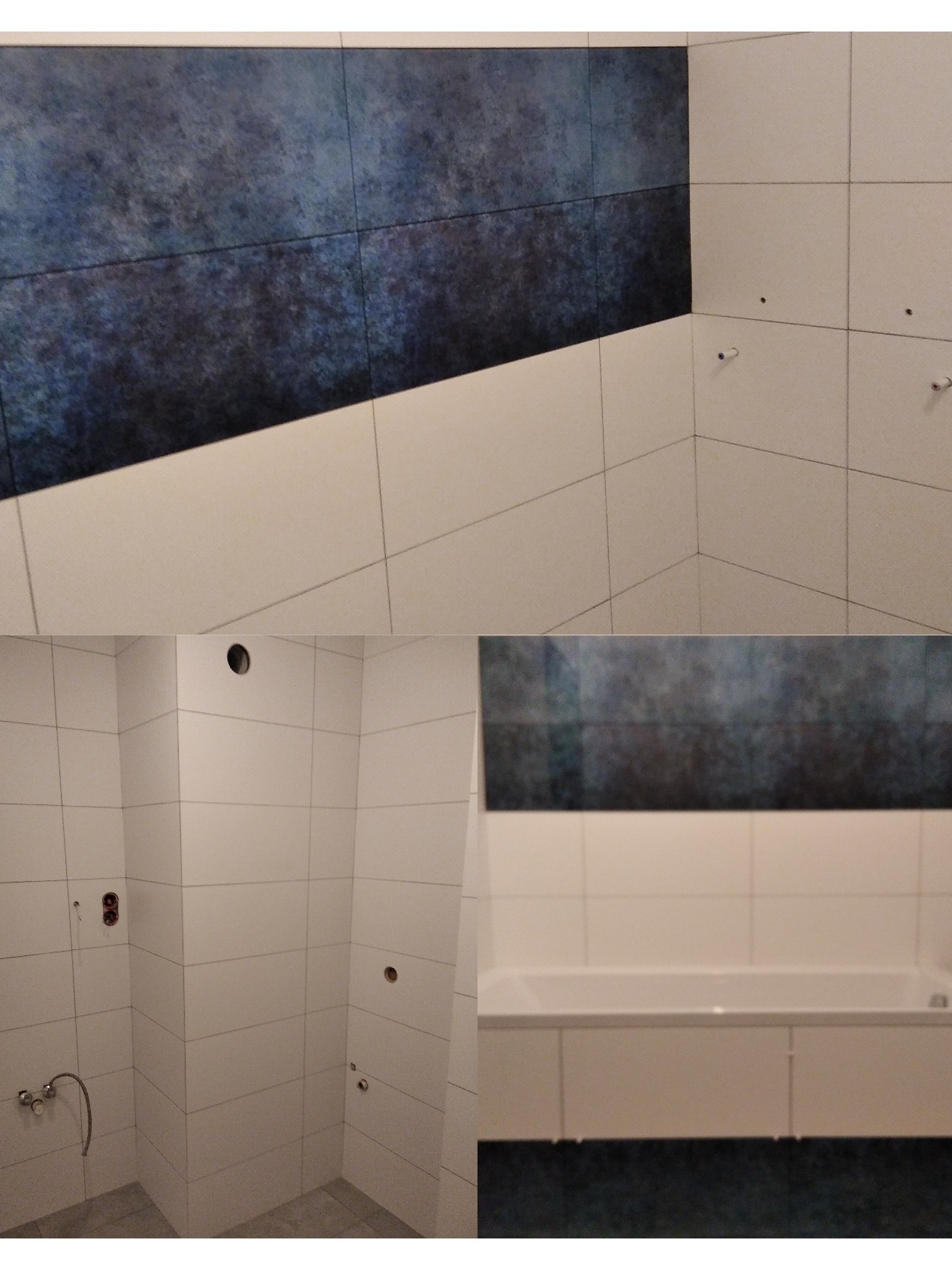 Wnętrze łazienki z częściowo ułożonymi białymi i granatowymi płytkami. Widoczne przygotowane punkty instalacyjne i wanna.