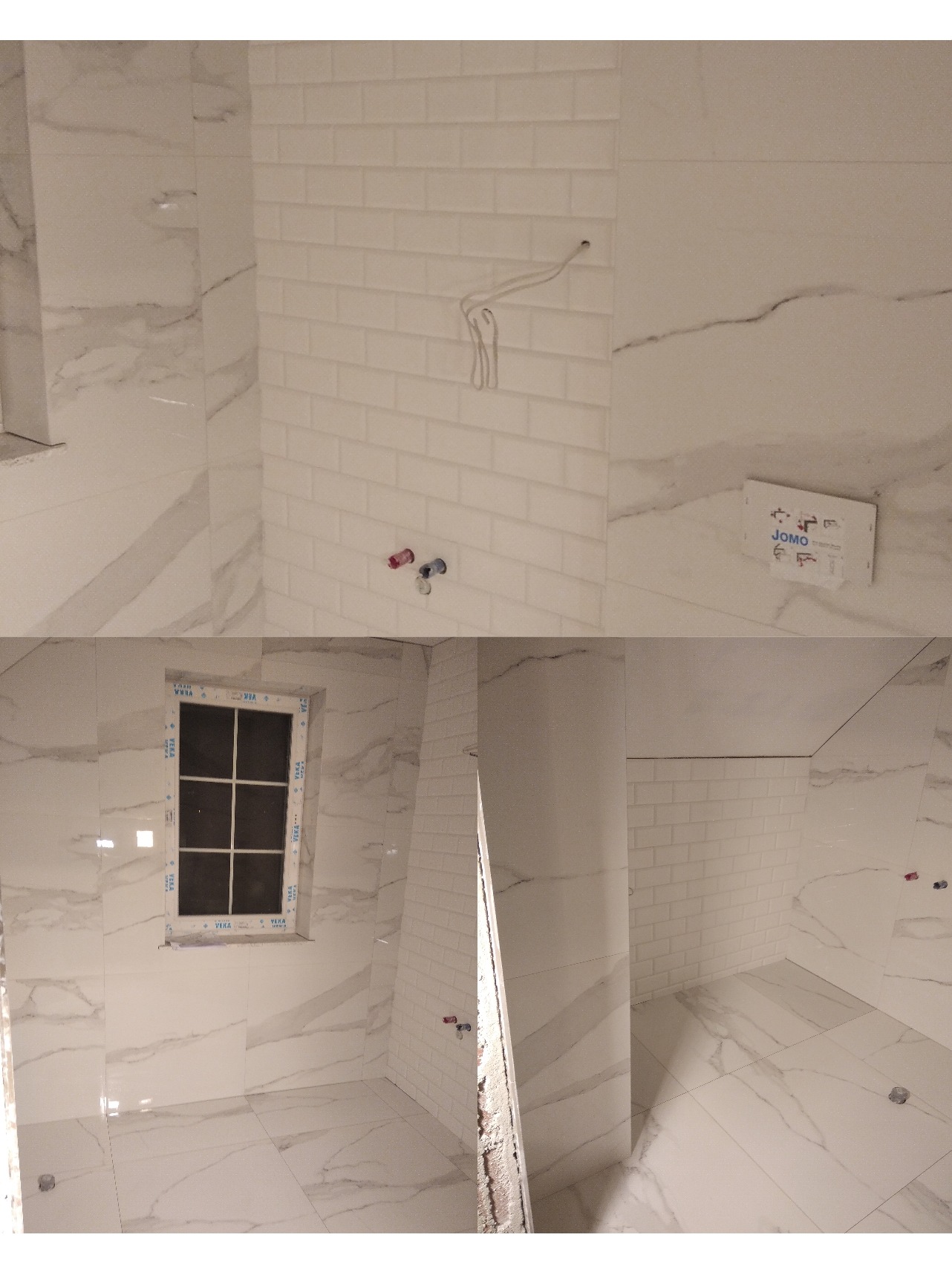 Projekt łazienki w której ściany i podłoga są w jednej płytce gresowej 80cm/80cm Plus dwie ściany w cegielce