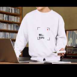 Mel-Expo Emilia Statucka-Sklepik - Mężczyzna w białej bluzie z nadrukiem 'MEL-EXPO' w stylizowanej ramce kamery, pracujący przy laptopie w biurze z regałem na książki w tle.