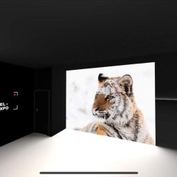 Mel-Expo Emilia Statucka-Sklepik - Wnętrze stoiska targowego MEL-EXPO z dużym podświetlanym zdjęciem tygrysa syberyjskiego pokrytego śniegiem.