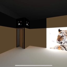 Mel-Expo Emilia Statucka-Sklepik - Wizualizacja 3D wnętrza z brązowymi ścianami i czarnym sufitem, na jednej ze ścian wyświetlony obraz tygrysa w śniegu, widoczne logo 'MEL-EXPO' nad drzwiami.