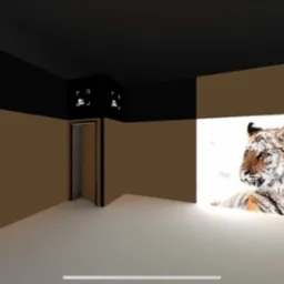 Wizualizacja 3D wnętrza z brązowymi ścianami i czarnym sufitem, na jednej ze ścian wyświetlony obraz tygrysa w śniegu, widoczne logo 'MEL-EXPO' nad drzwiami.