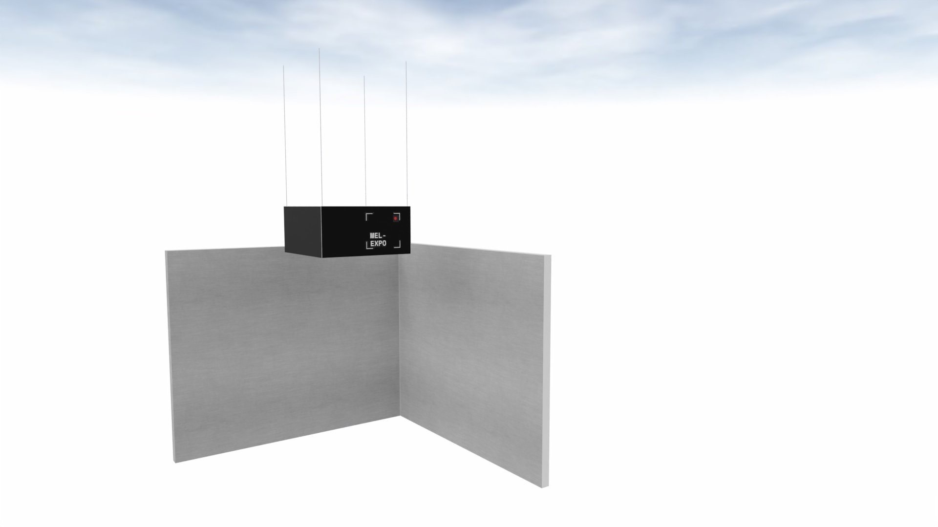 Wizualizacja stoiska targowego z dwoma szarymi panelami ustawionymi pod kątem prostym i czarną kostką z napisem MEL-EXPO zawieszoną na linkach.