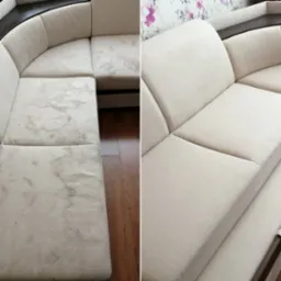 Porównanie: fragment narożnika z jasną tapicerką przed i po czyszczeniu, widoczne wyraźne różnice w czystości materiału.