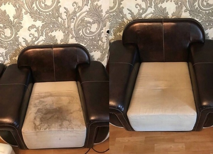 Porównanie fotela z brązowej skóry i beżowej tapicerki przed i po czyszczeniu, widoczne wyraźne różnice w czystości tapicerki.