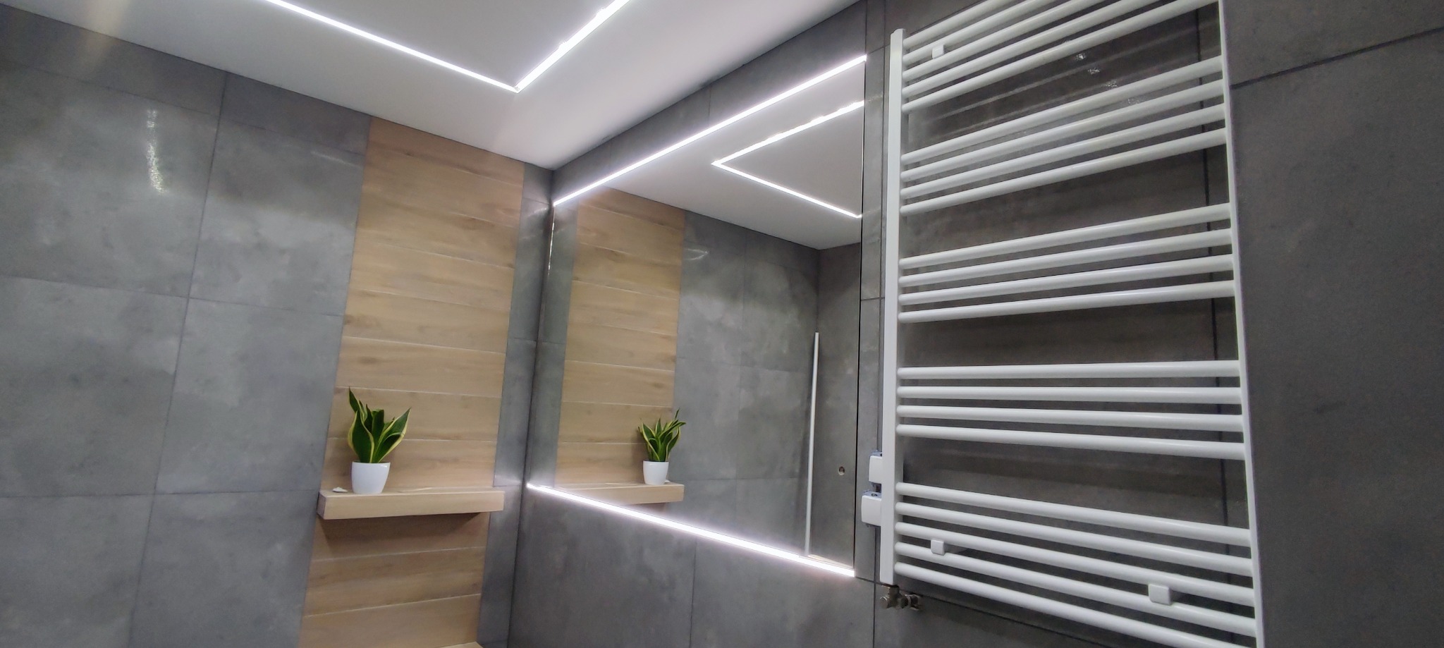 Nowoczesna łazienka z podświetlanym lustrem, grzejnikiem drabinkowym i roślinami doniczkowymi na półkach.