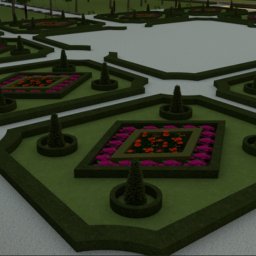 Adam Wypych - Wizualizacja projektu ogrodu w stylu francuskim z geometrycznymi rabatami kwiatowymi, strzyżonymi krzewami i ścieżkami żwirowymi, prezentująca symetryczny układ i niskie, formowane drzewka.