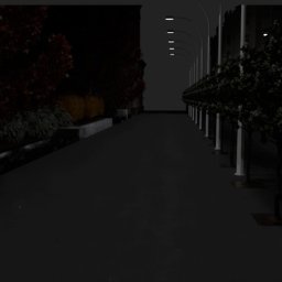 Adam Wypych - Nocny widok na alejkę z równo posadzonymi drzewami i oświetleniem ulicznym, z rabatami kwiatowymi w tle.