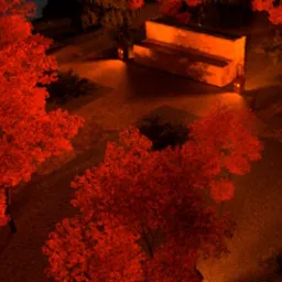 Ogród w jesiennej tonacji, widok z góry na alejkę z ławką oświetloną lampionami, drzewa z czerwonymi liśćmi.