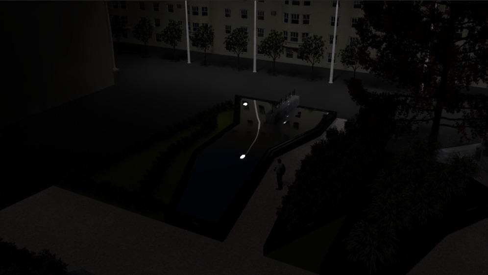 Nocny widok z góry na wizualizację ogrodu z podświetlonym stawem, ścieżką i roślinnością, na tle bloku mieszkalnego.