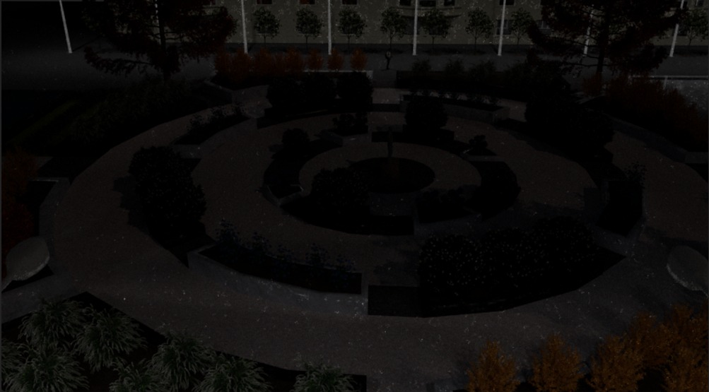 Wizualizacja komputerowa okrągłego ogrodu z niskimi murkami i nasadzeniami, widok z góry, oświetlenie nocne.