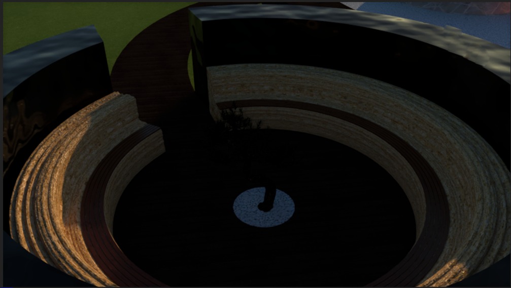 Wizualizacja 3D okrągłego klombu z kamiennym obrzeżem i centralnym punktem nawadniania, otoczonego zielenią.