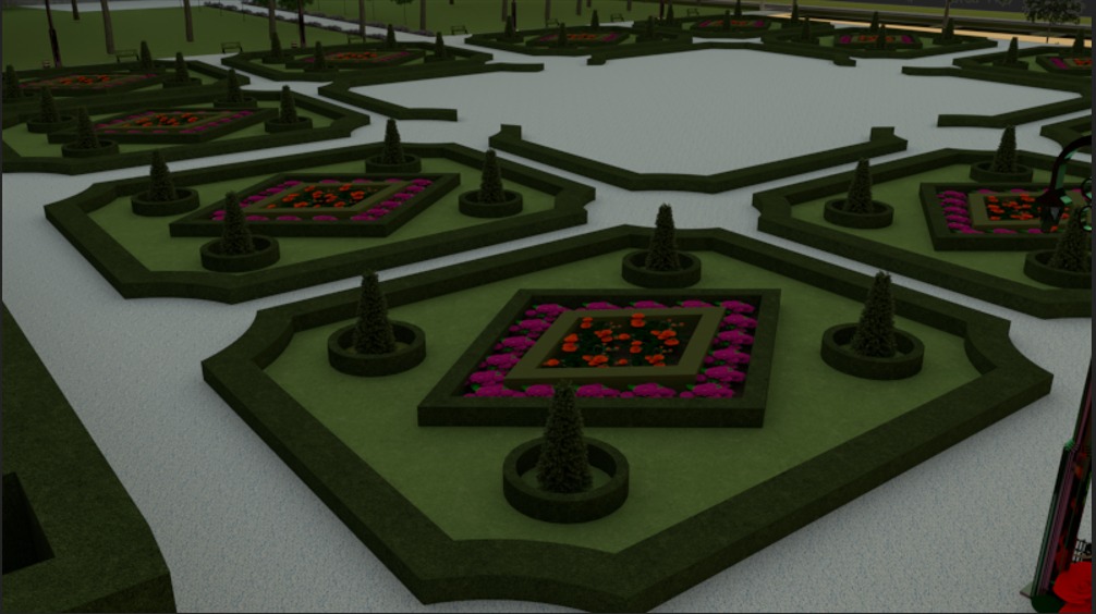 Wizualizacja projektu ogrodu w stylu francuskim z geometrycznymi rabatami kwiatowymi, strzyżonymi krzewami i ścieżkami żwirowymi, prezentująca symetryczny układ i niskie, formowane drzewka.