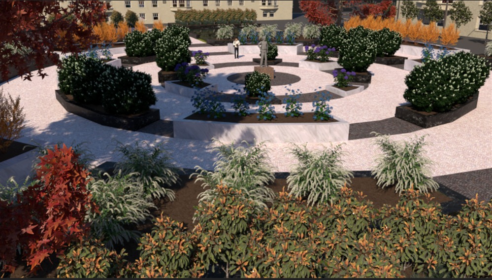 Wizualizacja okrągłego placu z symetrycznie rozmieszczonymi rabatami, niskimi krzewami i kwiatami, centralnie umieszczony pomnik, osoba w tle, budynek w oddali.