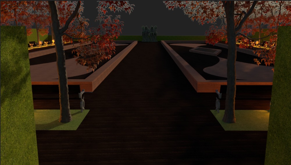 Wizualizacja ogrodu z centralną ścieżką prowadzącą do rzeźby, drzewa z czerwonymi liśćmi po bokach i oświetlone rabaty z tyłu.