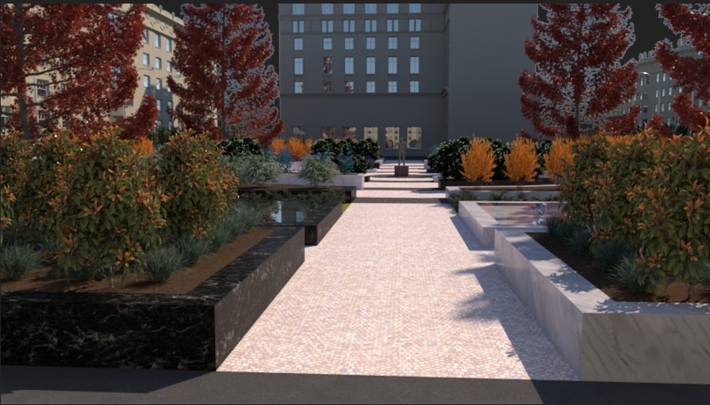 Wizualizacja ogrodu miejskiego z geometrycznymi rabatami, niskimi krzewami, drzewami o czerwonych liściach i ścieżką z jasnej kostki, na tle wysokiego budynku.
