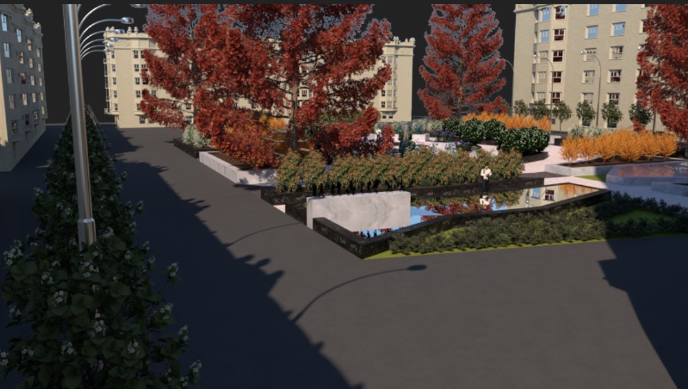Wizualizacja zagospodarowania terenu miejskiego z użyciem roślinności: drzewa o czerwonych liściach, krzewy, trawy ozdobne i lustrzane oczko wodne na tle budynków wielorodzinnych.