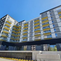 REMONTEAM ELEWACJE SP. Z.O.O. - Nowoczesny budynek wielorodzinny w Zielonce z białoszarą elewacją i żółtymi balkonami, sfotografowany pod kątem od dołu w słoneczny dzień.