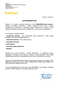 Skan dokumentu - List referencyjny firmy REMONTTEAM Jakub Kobeszko, wystawiony przez Budimex S.A. w Warszawie, datowany na 13.08.2012. Zawiera opis wykonanych prac, w tym oznakowanie poziome...