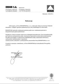 Skan dokumentu referencyjnego firmy ERBUD S.A. dla firmy REMONTEAM sp. z o.o. z datą 16.05.2013, zawierający tekst o wykonanych pracach remontowych oraz podpis i pieczęć wystawcy.