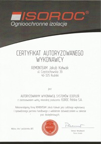 Certyfikat autoryzowanego wykonawcy systemów dociepleń firmy Remonteam Jakub Kahwak, z logo ISOROC Ognioochronne Izolacje, z adresem firmy w Rudnikach.