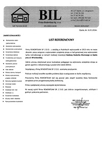 Skan dokumentu referencyjnego firmy budowlanej BIL z Opola, z wyszczególnionymi zakresami działalności, pieczątką i podpisem, datowany na 26.01.2016.