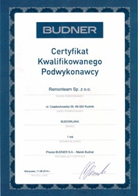 Certyfikat Kwalifikowanego Podwykonawcy firmy BUDNER dla Remonteam Sp. z o.o., wydany w Warszawie, 11.08.2014.