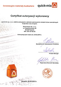 Certyfikat autoryzacji wykonawcy Quick-Mix z logo firmy, potwierdzający uprawnienia do wykonywania ociepleń ścian zewnętrznych budynków oraz stropów. Ważny do 29.02.2016.