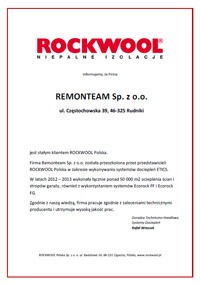 Skan dokumentu z logo Rockwool i danymi firmy Remonteam Sp. z o.o., potwierdzający wykonanie ocieplenia systemami dociepleń ETICS oraz Ecorock FF i Ecorock FG.