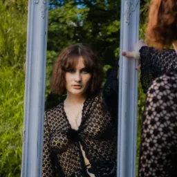 Portret kobiety z piercingiem w nosie, odbijającej się w ozdobnym lustrze na tle zieleni. Kobieta ubrana w ażurowy sweter. Ujęcie w plenerze, naturalne światło.