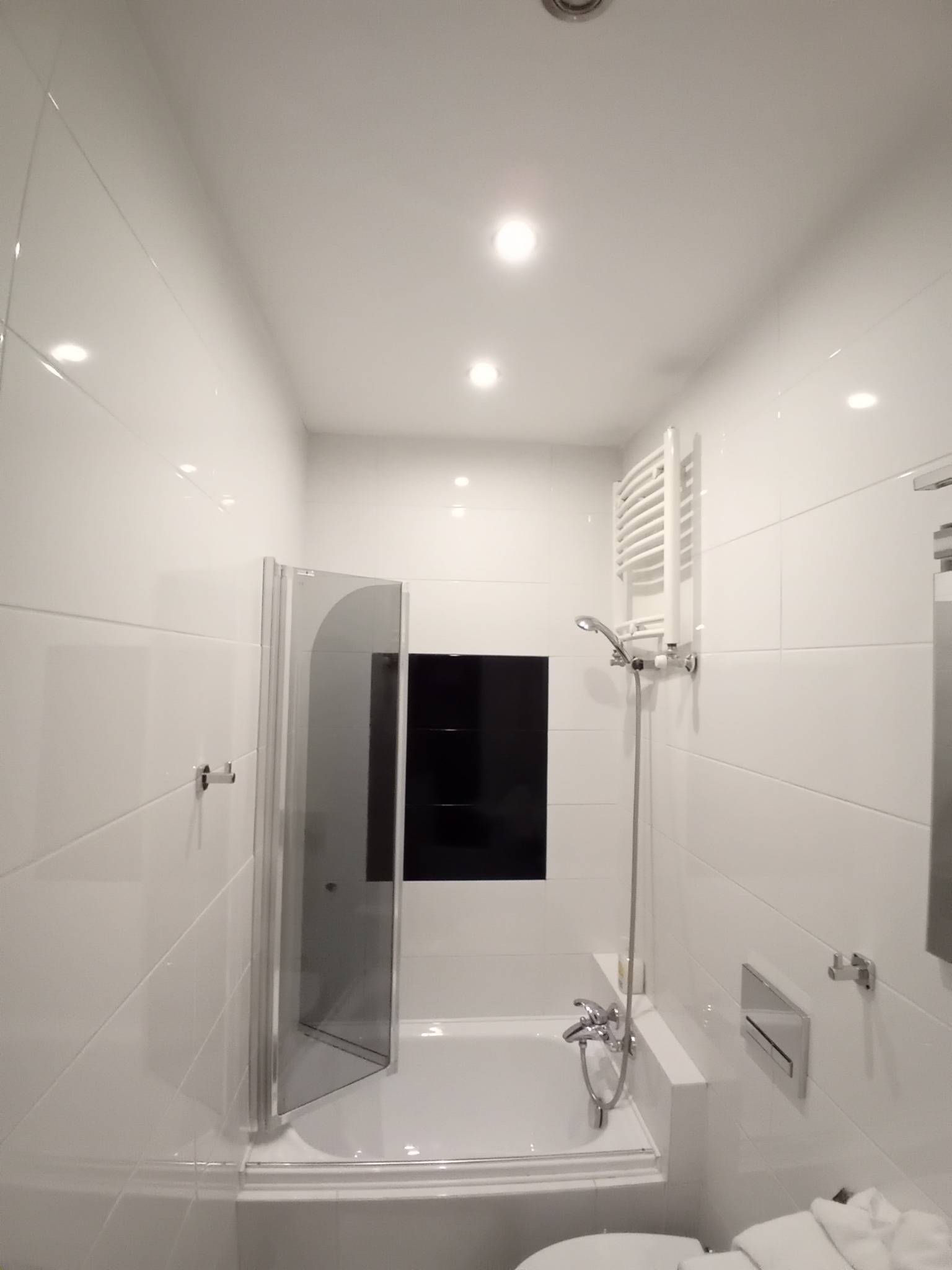 Nowoczesna, biała łazienka z kabiną prysznicową z elementami szklanymi, grzejnikiem drabinkowym i czarną wnęką w ścianie.