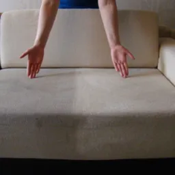 Widoczny efekt czyszczenia sofy tapicerowanej, z wyraźną różnicą w kolorze i fakturze między wyczyszczoną i nieczyszczoną częścią, dłonie osoby wskazują na granicę.