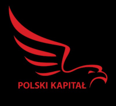 Logo firmy z czerwonym stylizowanym orłem i napisem 'POLSKI KAPITAŁ' na czarnym tle.