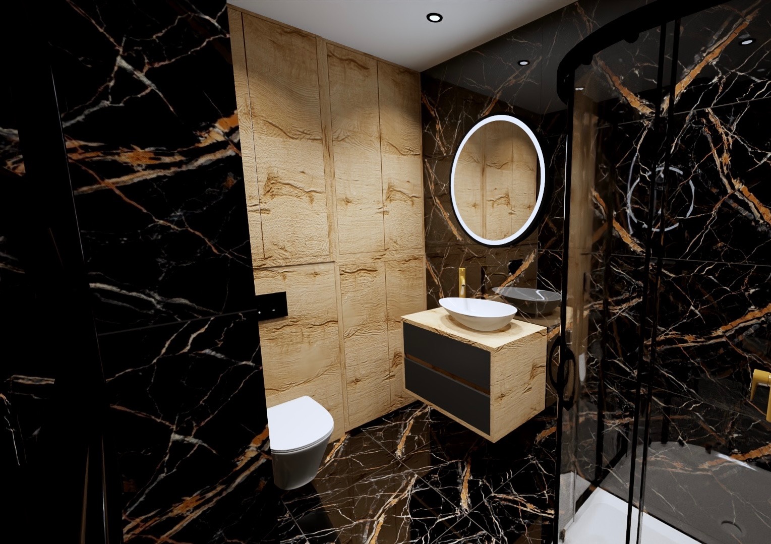 Nowoczesna łazienka z czarnymi marmurowymi płytkami, drewnianą zabudową, okrągłym lustrem z podświetleniem LED, białą umywalką nablatową i kabiną prysznicową typu walk-in.