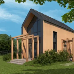 Wizualizacja nowoczesnego domu z drewnianą elewacją, ciemnym dachem i pergolą przy wejściu, na tle zielonego trawnika i drzew, z mężczyzną w oddali.