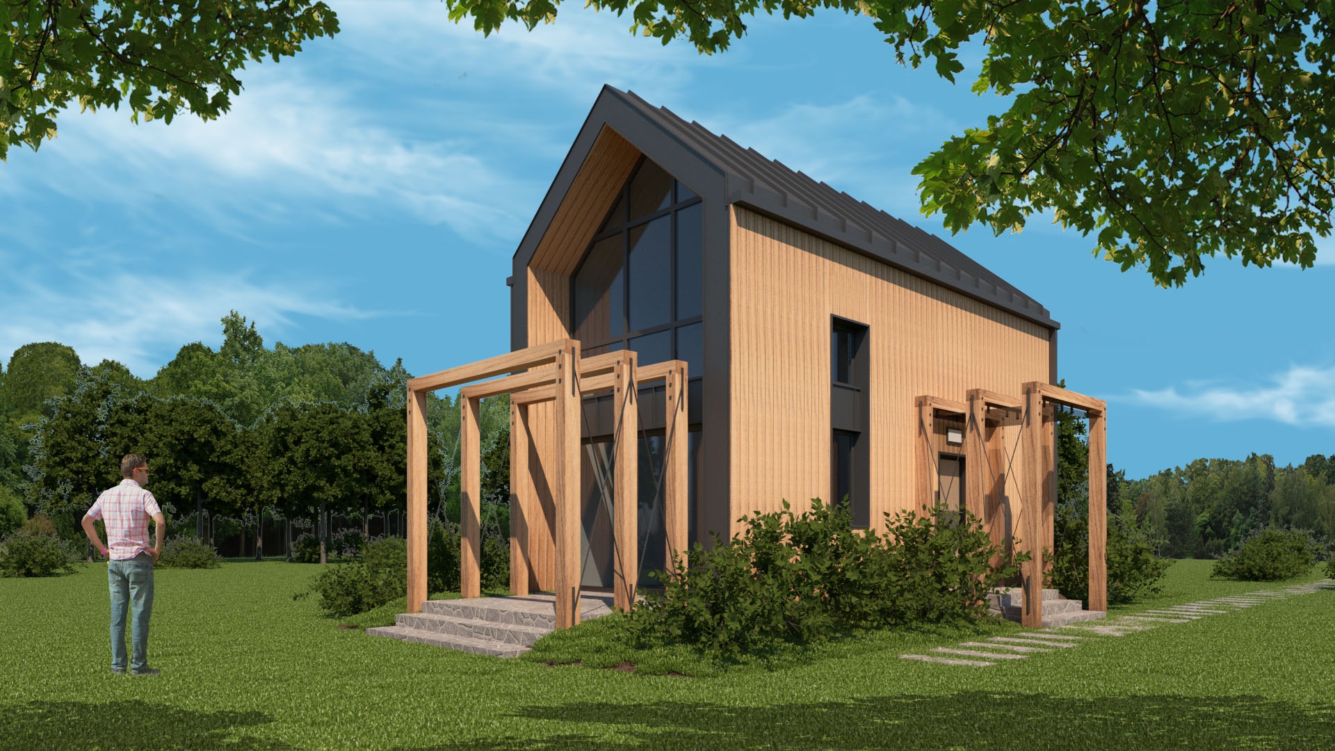 Wizualizacja nowoczesnego domu z drewnianą elewacją, ciemnym dachem i pergolą przy wejściu, na tle zielonego trawnika i drzew, z mężczyzną w oddali.
