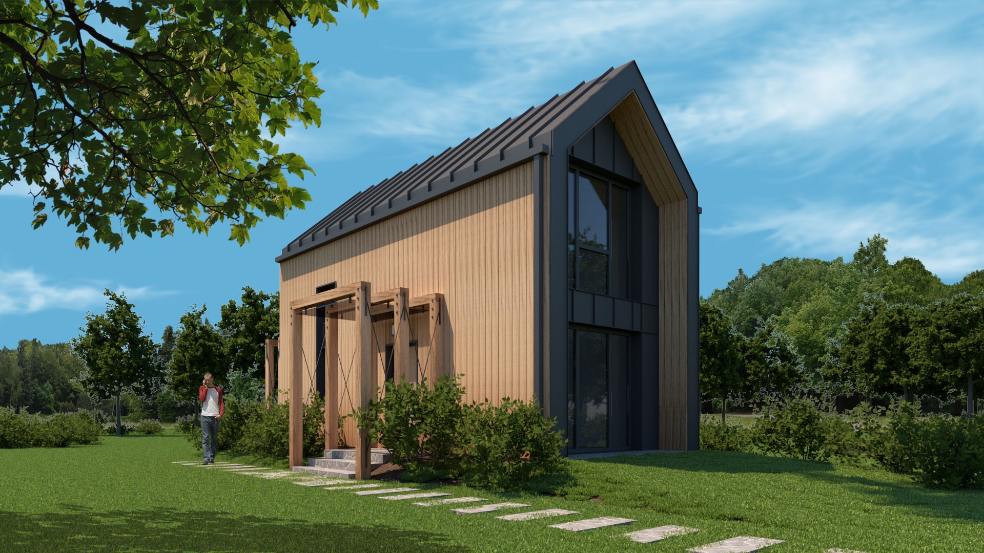 Wizualizacja nowoczesnego domu z drewnianą elewacją i antracytowym dachem, z pergolą przy wejściu i ścieżką z płyt kamiennych na trawniku, osoba w tle.