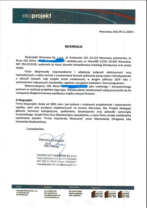 Skan referencji dla Ekoprojekt Warszawa od OZE Klima, potwierdzający kompleksową instalację klimatyzacji i pomp ciepła. Dokument z datą 04.11.2024, podpisany przez Prezesa Zarządu.