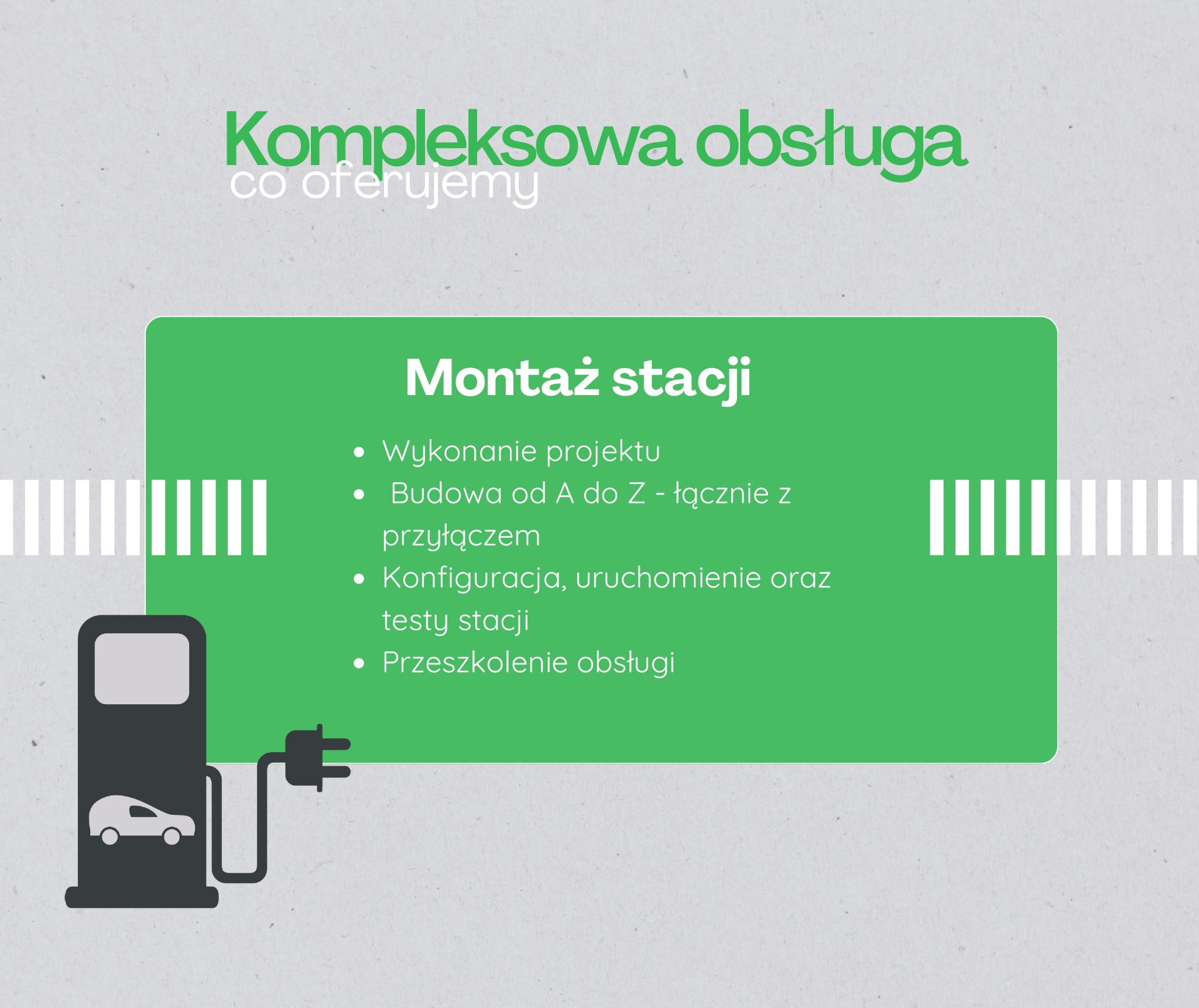 Grafika reklamowa przedstawiająca ofertę montażu stacji ładowania pojazdów elektrycznych, obejmującą wykonanie projektu, budowę z przyłączem, konfigurację, uruchomienie, testy oraz przeszkolenie...
