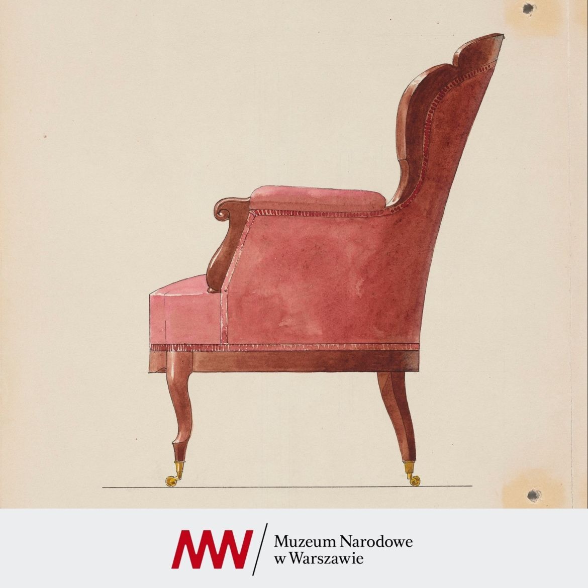 Rysunek akwarelą przedstawiający profil różowego fotela z wysokim oparciem i drewnianymi nogami zakończonymi złotymi kółkami, na jasnym tle.