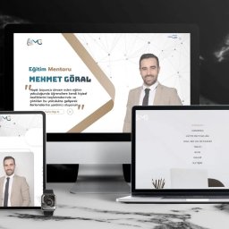 VisualSphere - Prezentacja strony internetowej mentora edukacyjnego Mehmeta Goral na laptopie, tablecie i smartfonie z widocznym menu i zdjęciem mentora.