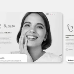 Projekt strony internetowej kliniki dentystycznej z uśmiechniętą kobietą, prezentujący logo i hasło 'Enjoy your smile with healthier teeth'.