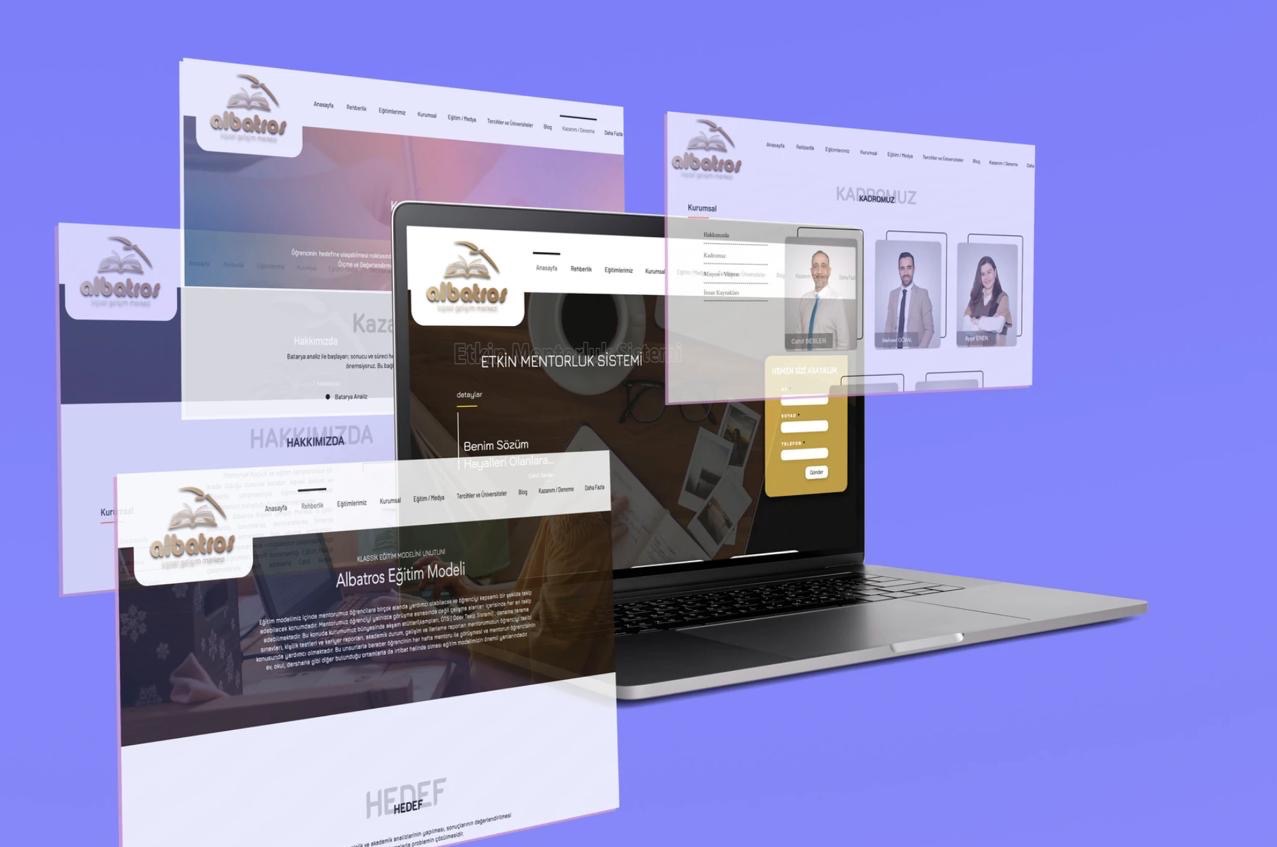 Laptop wyświetlający różne ekrany strony internetowej Albatros z widocznymi elementami nawigacji, formularzami kontaktowymi i zdjęciami zespołu na fioletowym tle.