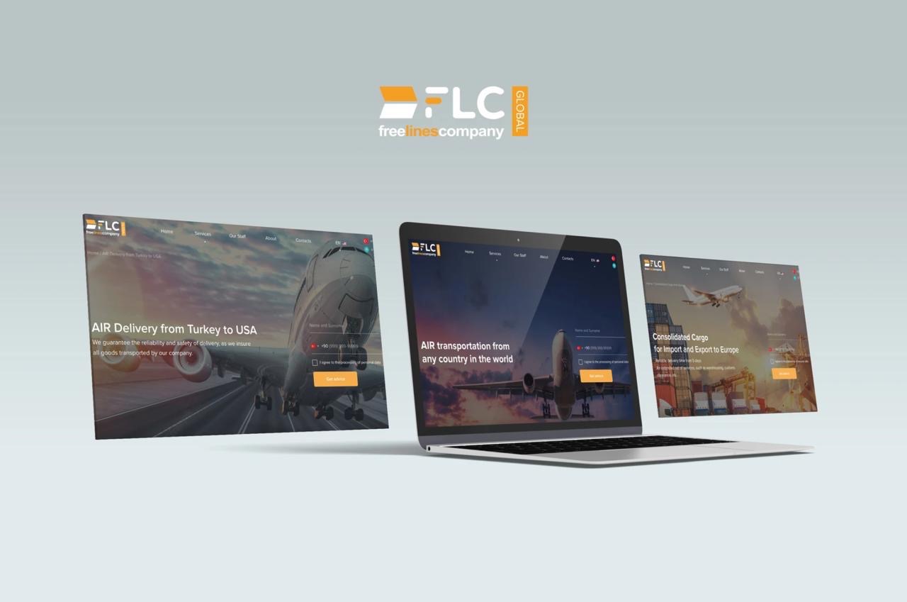 Laptop wyświetlający stronę internetową firmy transportowej z trzema różnymi podstronami dotyczącymi transportu lotniczego i morskiego towarów z Turcji, całego świata i Europy