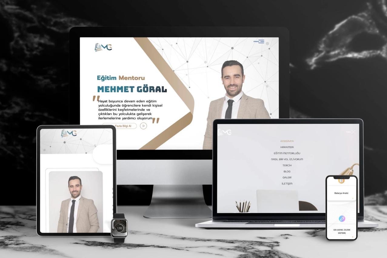 Prezentacja strony internetowej mentora edukacyjnego Mehmeta Goral na laptopie, tablecie i smartfonie z widocznym menu i zdjęciem mentora.