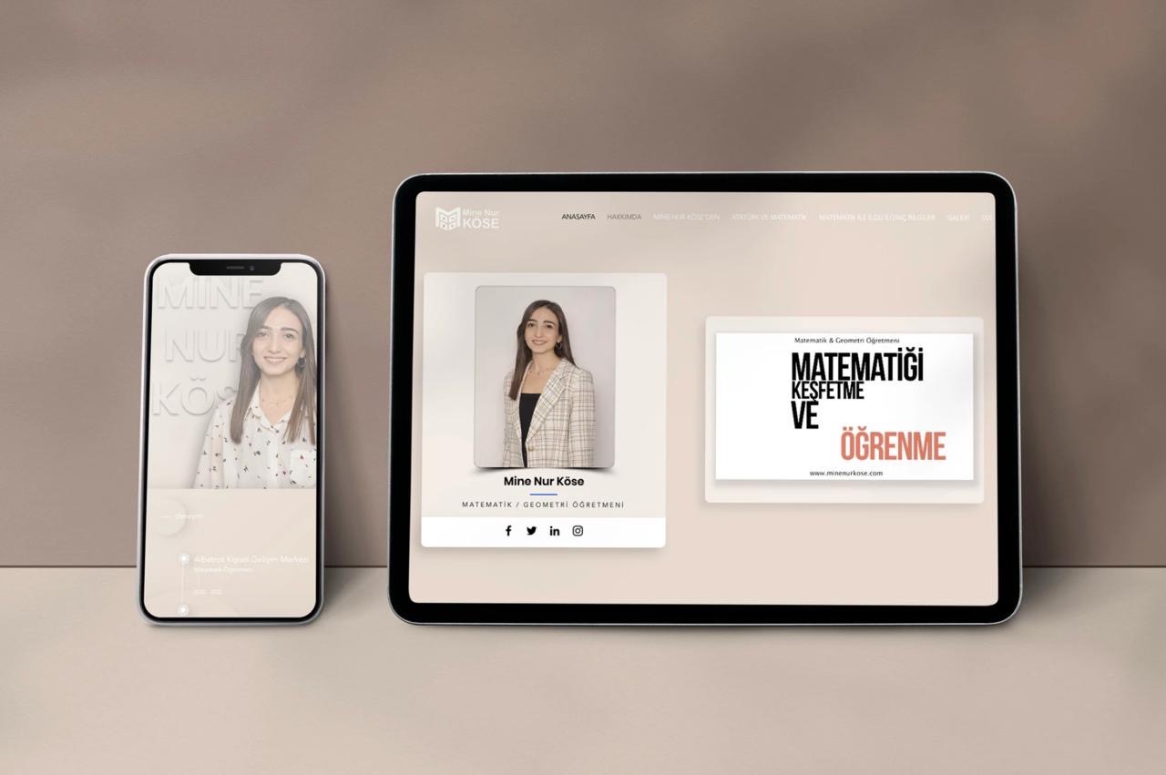 Prezentacja responsywnego projektu strony internetowej na tablecie i smartfonie, widoczne logo i portret kobiety, nauczycielki matematyki i geometrii.