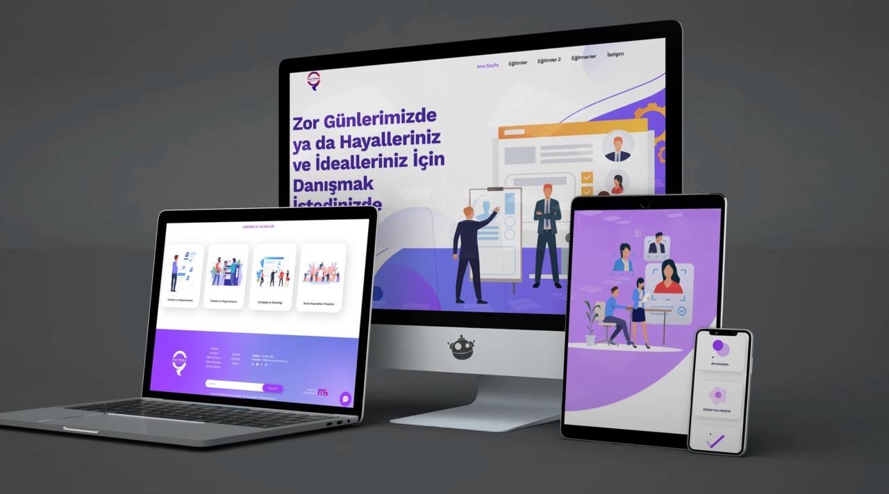 Responsywna strona internetowa wyświetlana na monitorze, laptopie, tablecie i smartfonie, z fioletowo-białą kolorystyką i ilustracjami postaci.