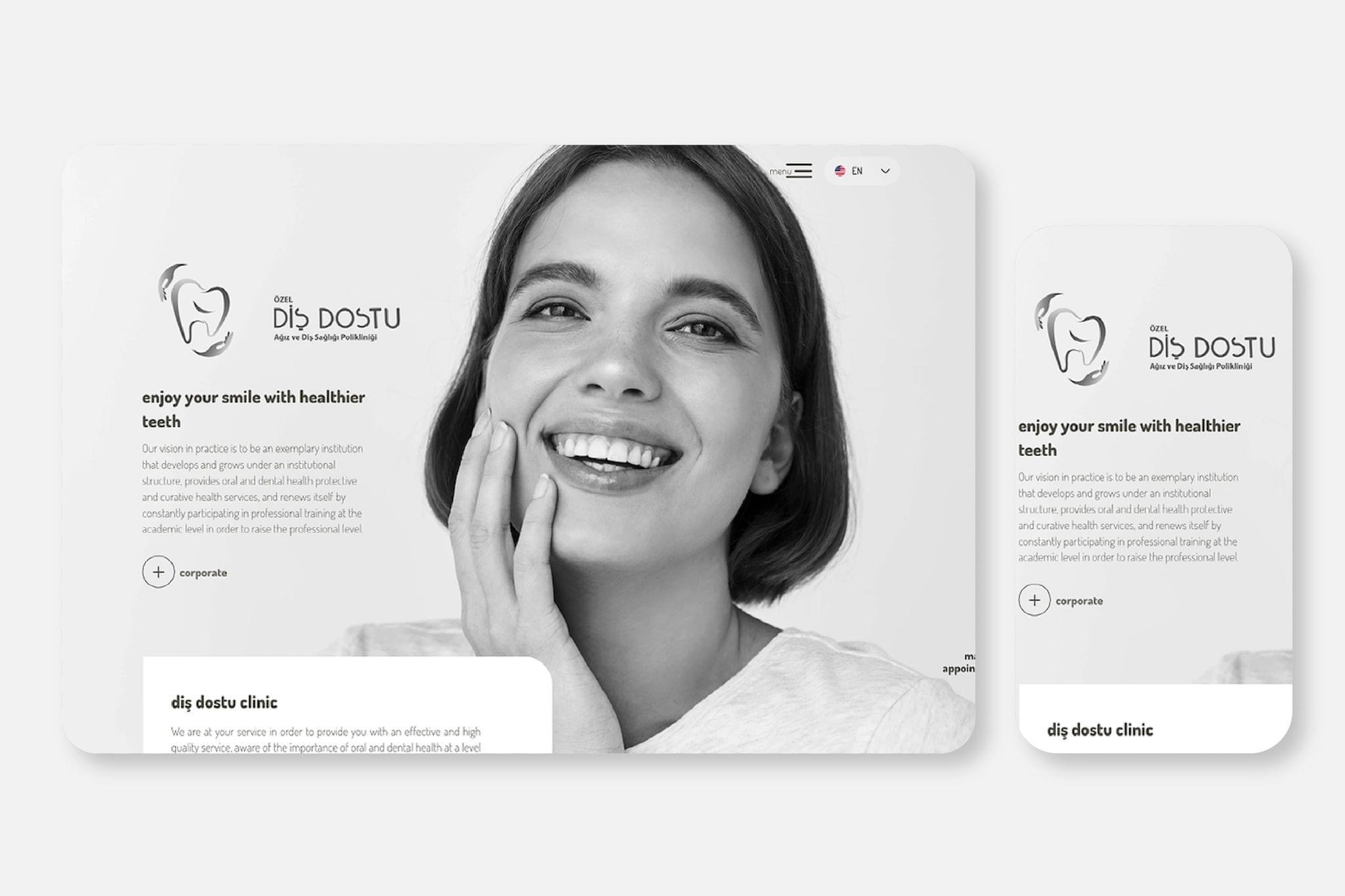 Projekt strony internetowej kliniki dentystycznej z uśmiechniętą kobietą, prezentujący logo i hasło 'Enjoy your smile with healthier teeth'.